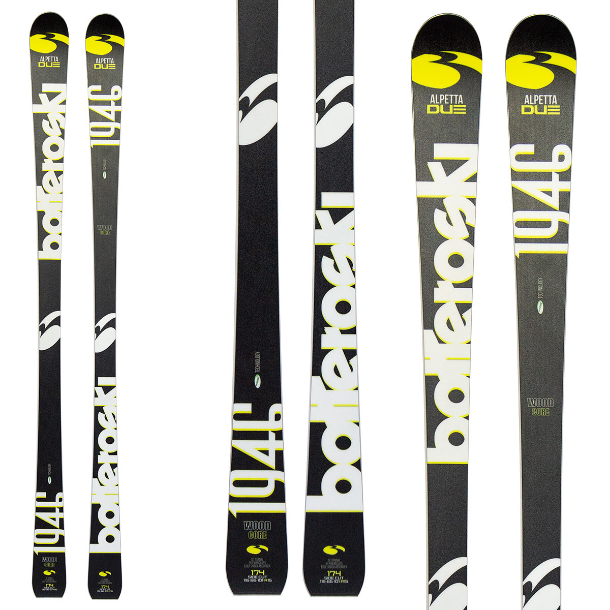 Sci Bottero Ski Alpetta Due + attacchi Freeflex 11 (Colore: nero-bianco-giallo, Taglia: 174)