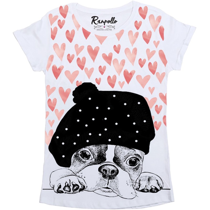 T-shirt Ranpollo Cuori cani bianco-rosa-nero fantasia