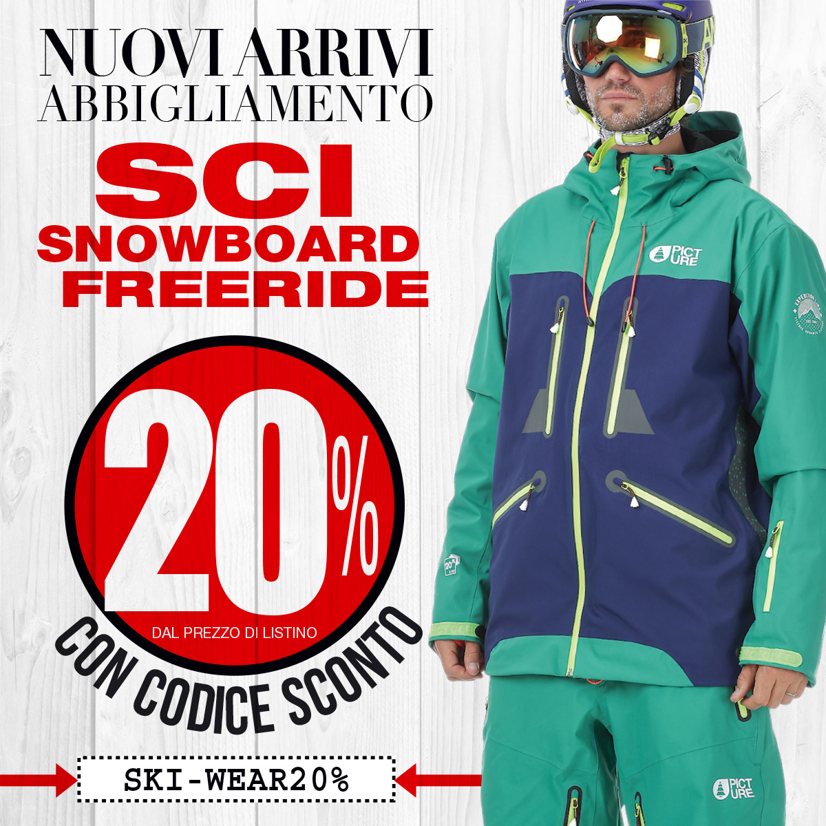 sconto 20% abbigliamento sci, snowboard e freeride